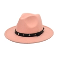 Detailed view of pink wool fedora hat with black leather belt and silver metal studs - M (56-58cm) / Dusty Pink