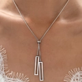 Elegant silver-toned Y-shaped tassel necklace with geometric hollow pendants for women - Rectangular Silver