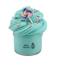 Mint green fluffy slime with rainbow lollipop charm in a clear biscuit theme cup - Green Lollipop Cake Slice