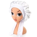 White satin bow bonnet for babies with silky long ribbons and elastic hair care edge - One Size / White