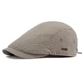 Light brown breathable flat cap for men with retro plaid texture and metal side plaque - Adjustable / Deep Beige