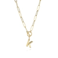 Detail of gold K initial pendant with paperclip chain and OT toggle clasp closure - Letter K