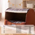 Brown fleece pet house with blue plaid cushion showing size chart from S to 3XL - Blue