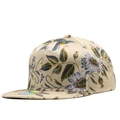 Close-up of cream satin snapback hat featuring floral prints and hummingbird embroidery - Beige Hummingbird Floral Style (04)