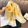 Elegant yellow and beige gradient silk scarf featuring brown autumn leaf patterns - 90*180cm / Yellow