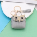 Grey owl-shaped mini leather coin purse keychain with gold hardware and tassel - Gray