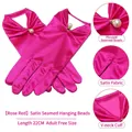 Elegant rose red satin bridal gloves with V-cuff pleated design and pearl pendant - One Size / Rose Red