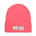 Close-up of pink knitted beanie featuring white plush MINI letter embroidery detail - Kids Style(MINI) / Hot Pink