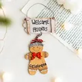 Christmas wooden gingerbread man welcome sign ornament with red stripe hat for tree decor - Style A (Striped Hat + Polka Dot Bow)