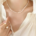 French vintage gold-plated titanium steel necklace with freshwater pearl and matching ring - 40+5cm / Gold