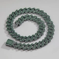 15mm Men's hip hop Cuban link chain necklace with paved green rhinestones and square clasp - 7 inch (18cm) / Gun Black Green Diamond