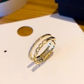 Double-layered golden ring with pavé-set zircons and geometric hollow chain design - Adjustable Open / Double Layer Pavé Diamond Style (J2454)