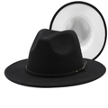 Classic black wool fedora hat with white contrast brim and leather belt buckle detail - M (56-58cm) / Black+White