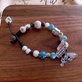 Bowknot zircon crystal beaded bracelet with vintage ceramic beads and Fu charm - White-Blue-Blessing