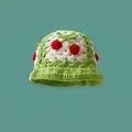 Cute green and white crochet bucket hat with red cherry decoration in knit wool - One Size / Cherry Light Green