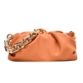 Caramel brown ruched dumpling bag with chunky gold chain strap and soft leather texture - Orange