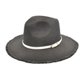 Detail of black straw fedora with frayed edges, white decorative band and gold buckle - M (56-58cm) / Black