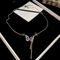 Silver butterfly pendant necklace with colorful rhinestones on black velvet - Style 59 (Titanium Steel)
