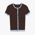 Slim fit brown knit short sleeve cardigan with blue ruffled trim and white buttons - S / Coffee