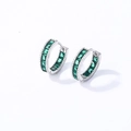 Detail of silver huggie earrings with emerald cut green zircon and beaded edges - Silver with Green Rhinestone