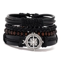 Vintage meerlaagse gevlochten lederen herenarmband set met zilveren kompasbedel - RH257-2 (Zwart Kompas Set)