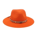 Chapeau de paille orange vif avec ruban ethnique perlé et pierre vintage colorée - Orange