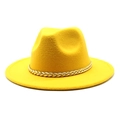 Close-up of yellow wool fedora hat featuring a stylish gold chain ribbon detail - M (56-58cm) / Yellow
