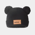 Bonnet noir en maille pour enfant avec doubles pompons et écusson en cuir mini - 1-3 Ans (48-52cm) / Noir