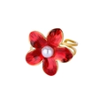 Detail of gold-plated flower ring with red enamel petals and a central white pearl - Ring / Garnet Red