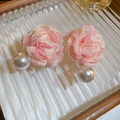 Macro detail of pink fabric flower earrings featuring a large elegant white pearl drop - 16# Silver Earring Post - Pink Flower Pearl