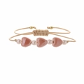 Bracciale intrecciato a mano con cuori di ceramica rosa e perle su cordino kaki - Perla Artificiale + Cuore Rosa in Ceramica