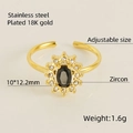 Adjustable 18K gold plated stainless steel ring with black oval zircon and halo crystals - Sunflower Style / Black Zirconia