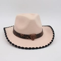 Beige wool felt cowboy hat with leopard print band and vintage leopard metal buckle - One Size / Beige Black Trim (Leopard Buckle)