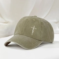 Close-up of olive green washed cotton baseball cap featuring faith cross embroidery - Khaki