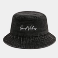Detail of Good Vibes embroidery on charcoal gray washed cotton bucket hat surface - M (56-58cm) / Black