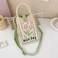 Detail of knitted tulip phone bag with Nice Day text and green adjustable shoulder strap - 5-Cream Tulip-Nice Day