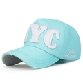 Distressed mint green NYC baseball cap with 3D embroidery and vintage ripped detailing - Adjustable / Lake Blue