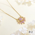 Detailed close-up of a gold Evil Eye necklace with purple enamel and zircon inlay - Purple Teardrop Charms (NE2255-D-2)