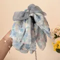 Elegant blue floral bow hair claw clip with pearl tassels and crystal bead accents - Blue Bowknot Tassel - Ponytail Claw