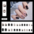 Short square press-on nails with R373 heart design and silver glitter details - R373 Black Lover Glue Style