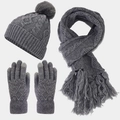 Set invernale 3 pezzi in maglia a trecce con berretto, sciarpa a frange e guanti touch - Grigio