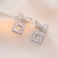 Silver bow and hollow square drop earrings with micro-pave cubic zirconia crystals - Bowknot Square Frame Pendant Style (E0458)