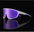 Close-up of white sporty sunglasses with large purple mirrored lenses and non-slip temples - Matte White Frame Purple Mirror Lens