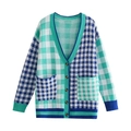 Cardigan in maglia a quadri color block verde e blu con bottoni in legno e tasche - S / Verde Blu Color Block