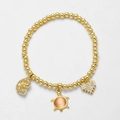 Goldenes Perlenarmband mit rosa Schildkrötenanhänger, Muschel und Herz mit Zirkonia - Orangefarbener Schildkrötenanhänger / Orange