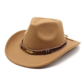 Close-up of camel wool fedora hat with ethnic beaded band and golden feather pendant - M (56-58cm) / Khaki