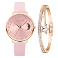 Pink quartz watch with moon dial detail and matching star charm rhinestone bracelet set - Watch and Bracelet Set / Pink