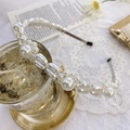 Elegant thin silver metal headband featuring woven pearls and rhinestones design - White Crystal