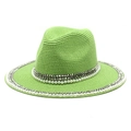 Detail of bright green straw fedora hat featuring elegant pearl and rhinestone accents - M (56-58cm) / Fruit Green