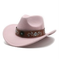 Detail of pink felt cowboy hat with embroidered floral band and turquoise stud - M (56-58cm) / Pink